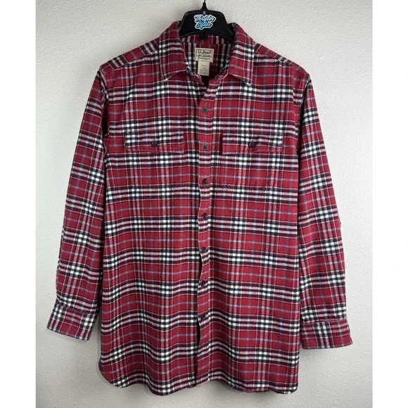 L.L. Bean Mens L-Tall Red Traditional Fit Plaid Long Sleeve Flannel Button Shirt - Picture 2 of 5